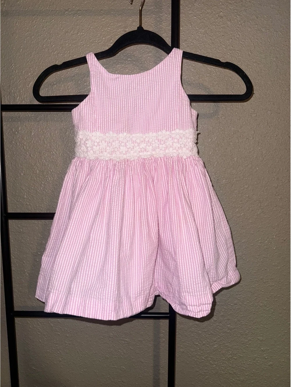 Polo Ralph Lauren Toddler Girls Pink Seersucker Dress with White Lace Waistband,
